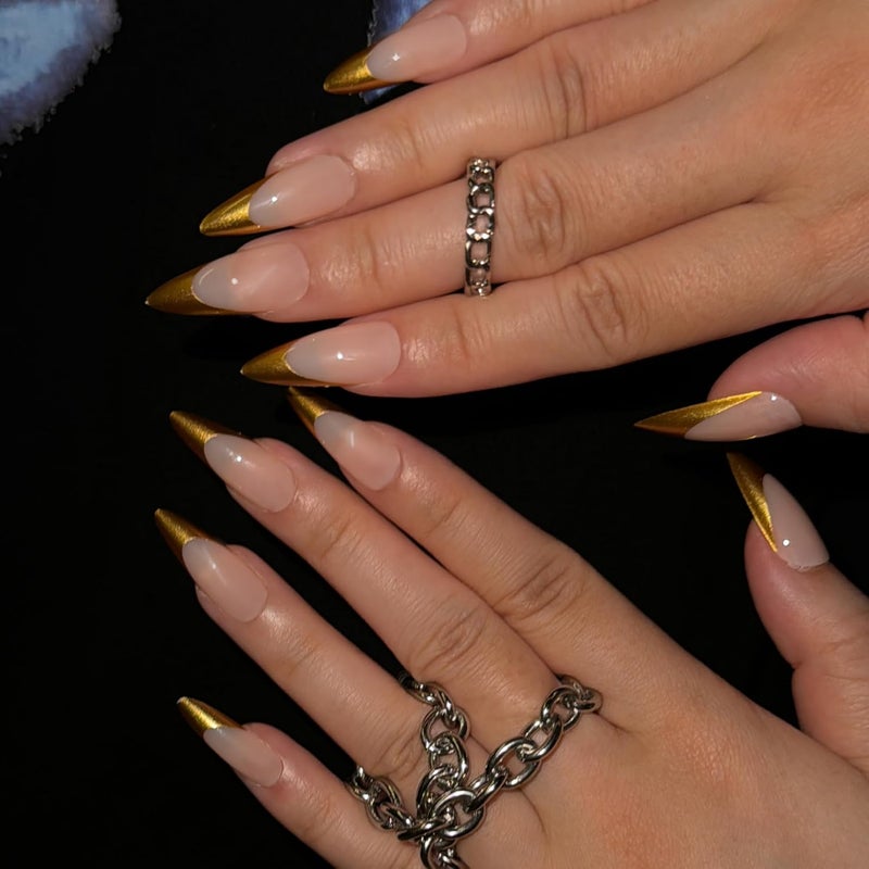 SINHOT Gold French Tip Press On Nails - Long Stiletto Fake Nails, Glossy Finish, Natural Daily Nails, DIY Artificial False Nail Art - 24 Pcs Nail Kit with Glue - Image 3